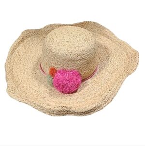 Vineyard Vines Straw Sun Hat Pink Pom Pom Accent Beach Vacation Travel Summer
